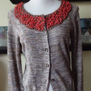 Anthropologie Moth Heathered Brown Cardigan Sweater - Coral Beaded Yoke